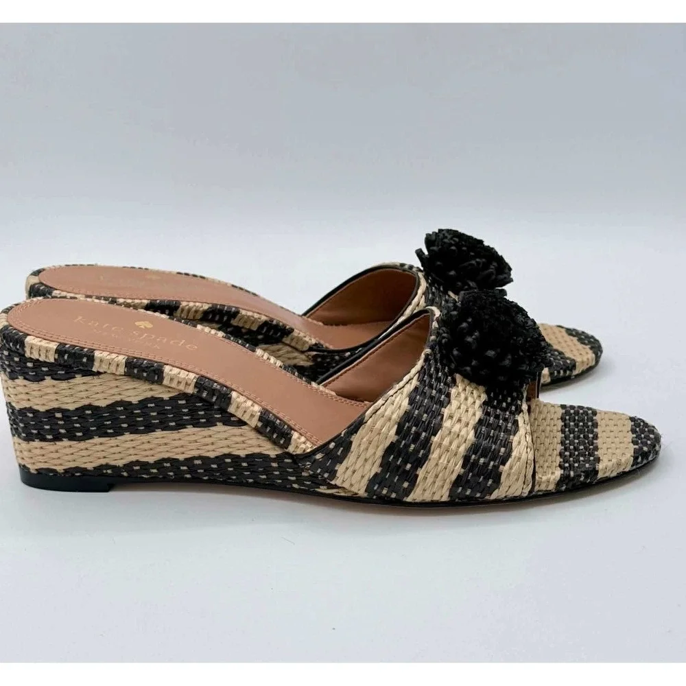 Kate Spade New York Seville Raffia Wedge Mule Sandals Black Natural Striped 7.5